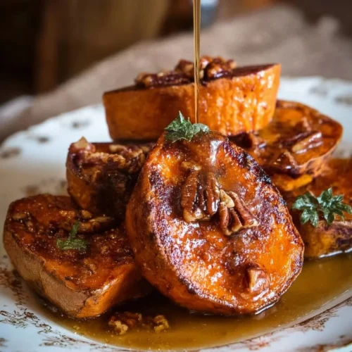 Melting sweet potatoes roasted with maple pecan sauce on a plate