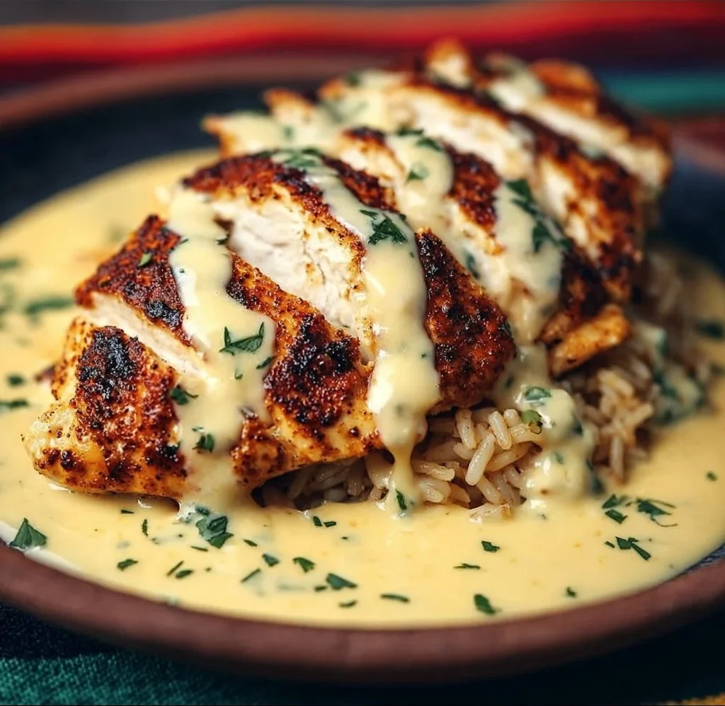 Mexican Chicken with Cheese Sauce 2 Plate of Mexican Chicken drizzled with rich cheese sauce on a colorful table.