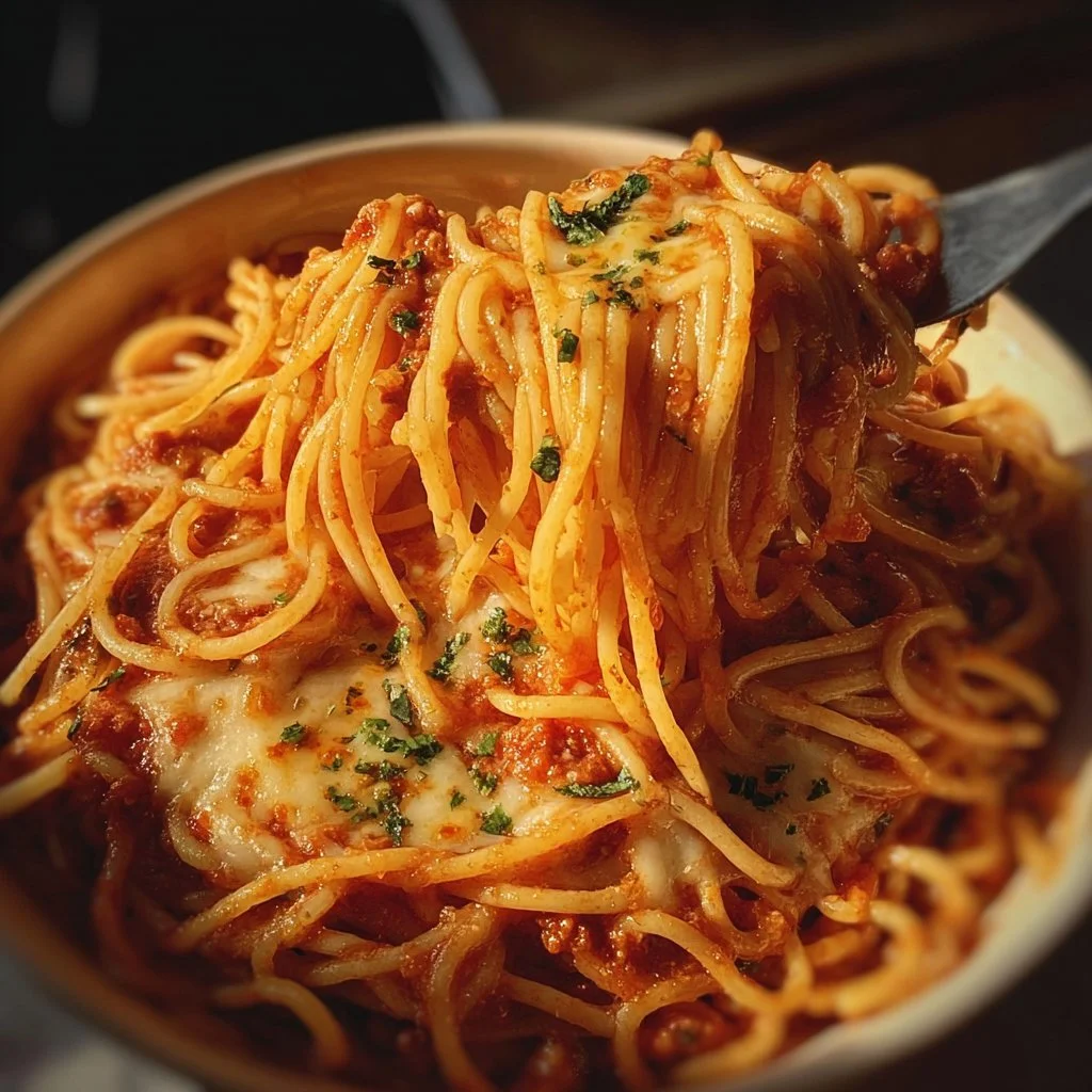 Million Dollar Spaghetti 1 A plate of Million Dollar Spaghetti topped with cheese and herbs, showcasing its delicious layers.