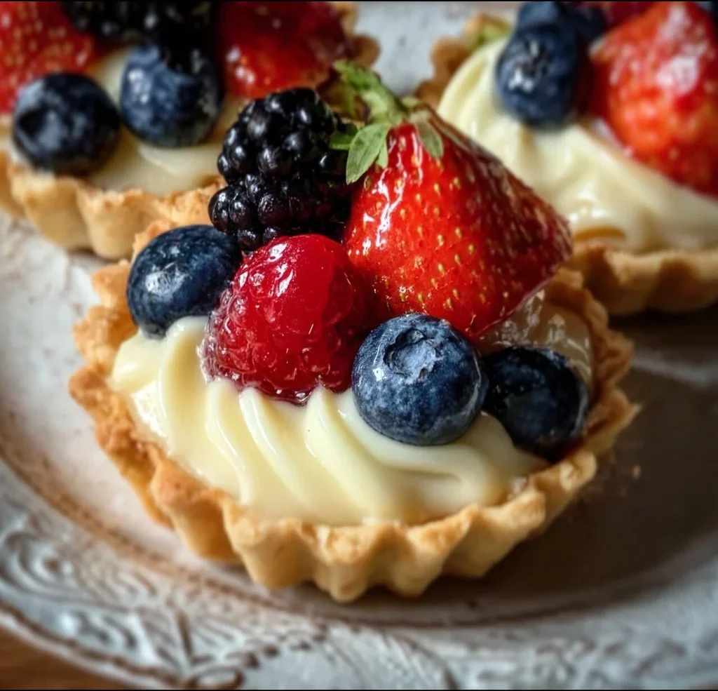 Mini Fruit Tarts With Pastry Cream 2 Mini fruit tarts topped with vibrant fruits and creamy pastry.