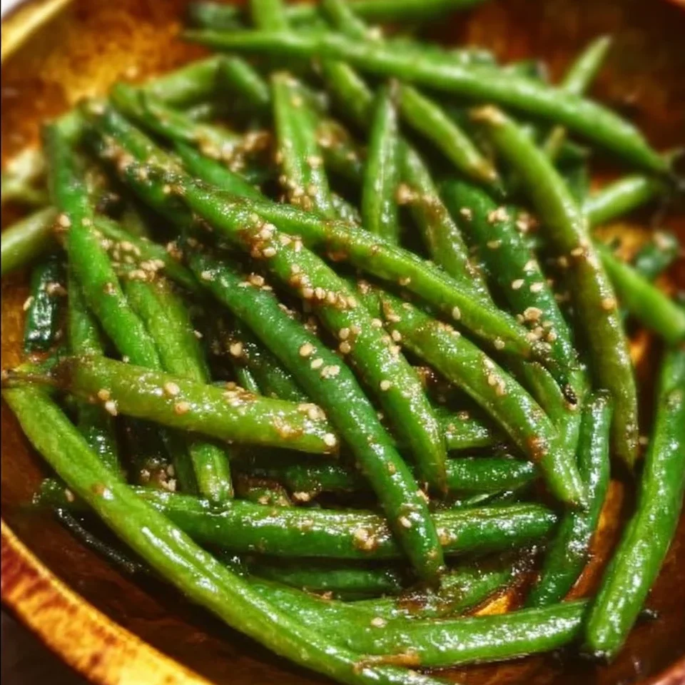 Miso Green Beans 1 Plate of flavorful miso green beans garnished with sesame seeds and herbs