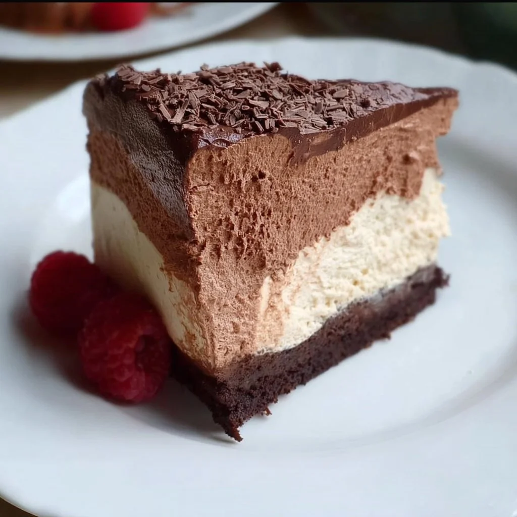 Mocha Mousse Cake 2 Delicious slice of Mocha Mousse Cake adorned with cocoa powder and coffee beans