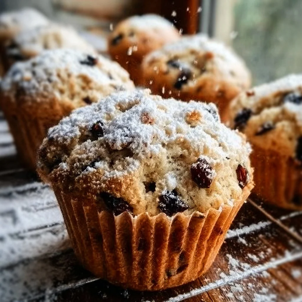 Moist Christmas Stollen Muffins 2 Moist Christmas Stollen Muffins topped with powdered sugar and festive decorations