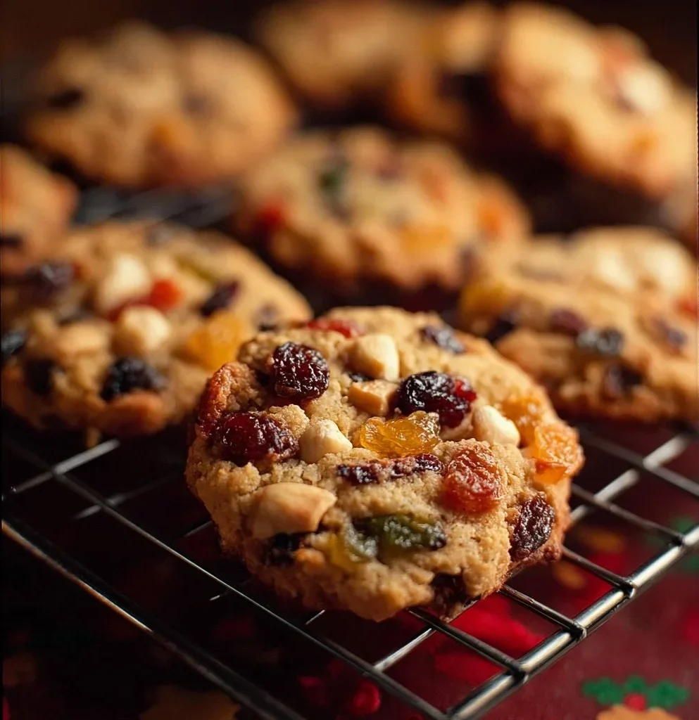 Old Fashioned Fruitcake Cookies 1 Old fashioned fruitcake cookies with nuts and dried fruits on a rustic background