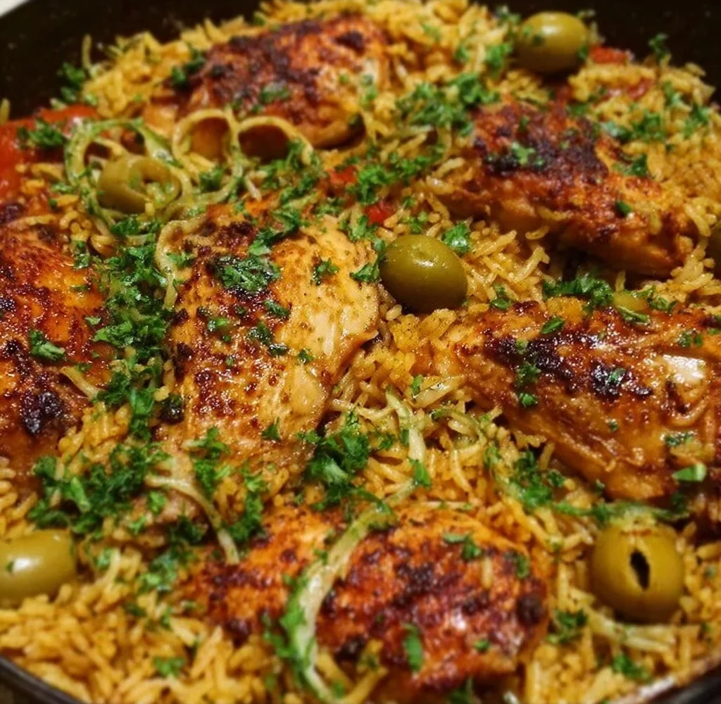 One Pan Mediterranean Chicken And Rice 2 One Pan Mediterranean Chicken and Rice dish with colorful vegetables and herbs