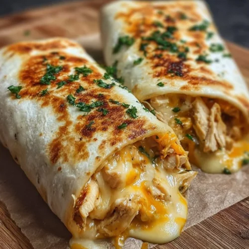 Ooey-Gooey Cheesy Garlic Chicken Wraps 2 Delicious ooey-gooey cheesy garlic chicken wraps on a plate