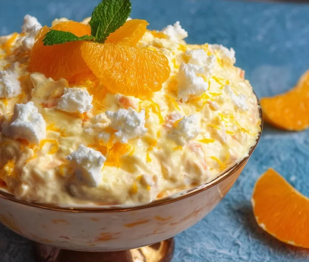 Orange Fluff Salad 1 A delicious bowl of Orange Fluff Salad with vibrant orange pieces and creamy texture