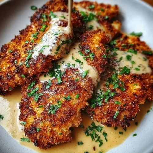 Plate of crispy Parmesan Crusted Chicken with herbs and spices