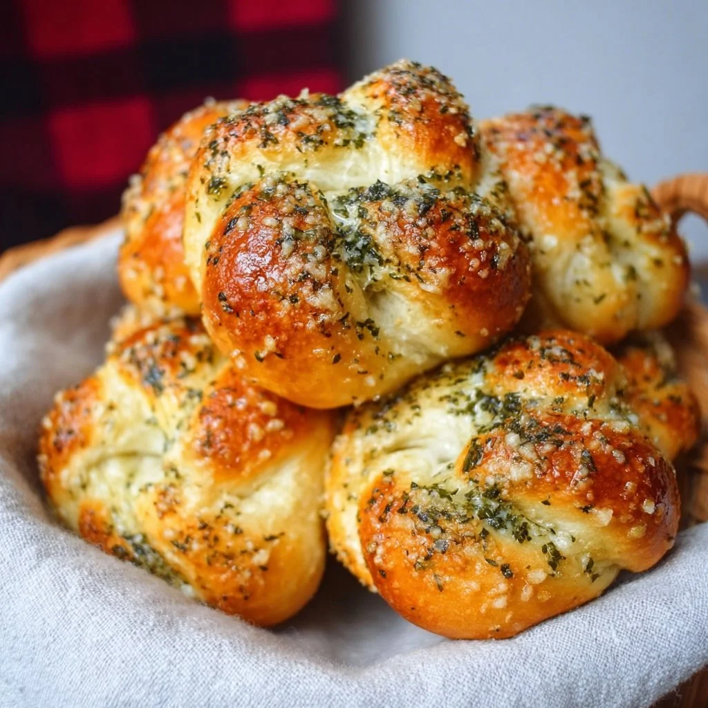 Freshly baked Parmesan Garlic Knots topped with herbs and cheese