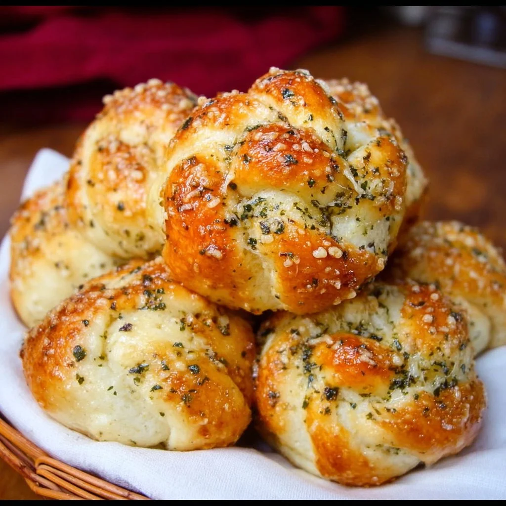 Delicious Parmesan Garlic Knots served on a plate, garnished with parsley