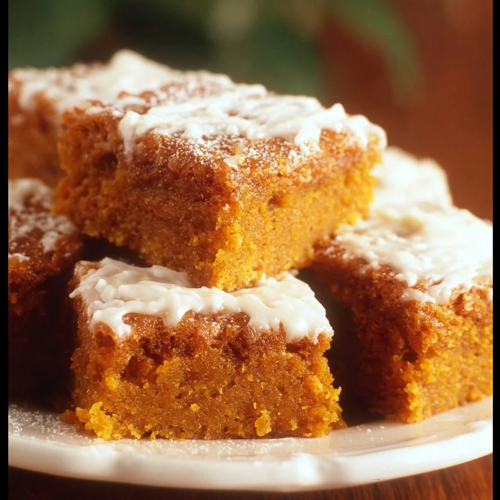 Delicious Paula Deen pumpkin bars topped with creamy frosting and cinnamon.