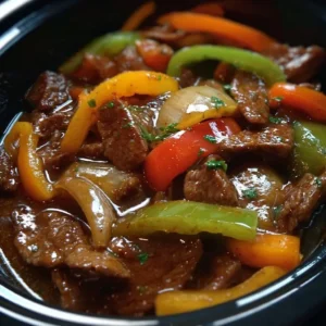 Pepper Steak in a Crock Pot 3 Delicious pepper steak cooked in a crock pot with vibrant bell peppers.