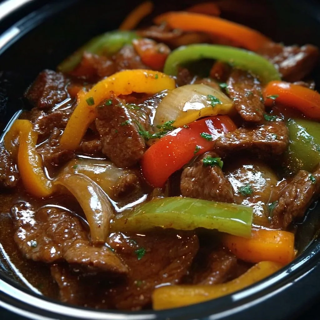 Pepper Steak in a Crock Pot 2 Delicious pepper steak cooked in a crock pot with vibrant bell peppers.