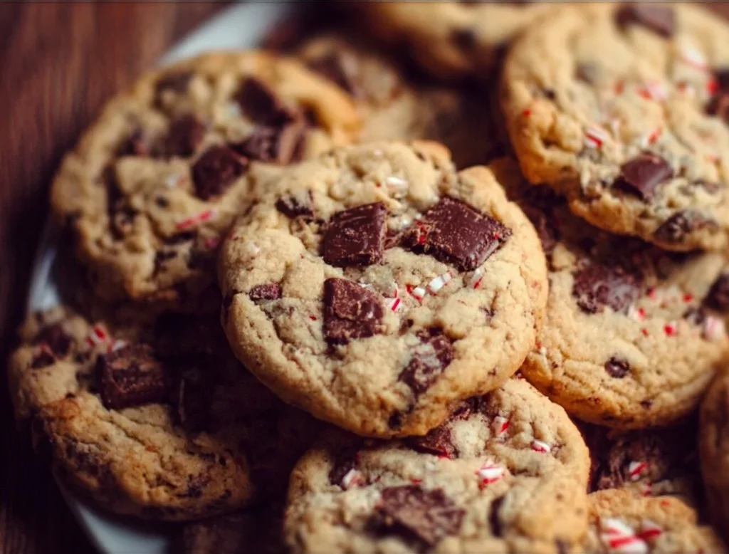 Peppermint Chocolate Chip Cookies 1 Delicious peppermint chocolate chip cookies on a festive plate