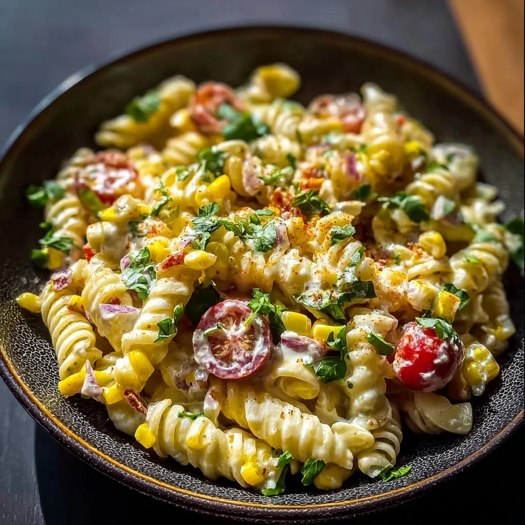 Perfect Mexican Street Corn Pasta Salad - homefoodkitchen 2 Delicious Mexican street corn pasta salad with vibrant toppings and flavors.
