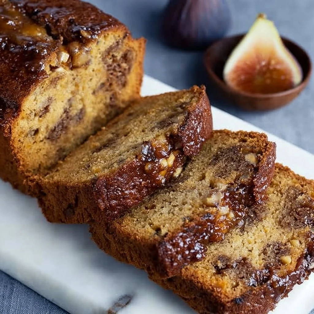 Sweet and Delightful Fig bread recipe 1 Homemade fig bread slices with a golden crust and fresh figs on a table.