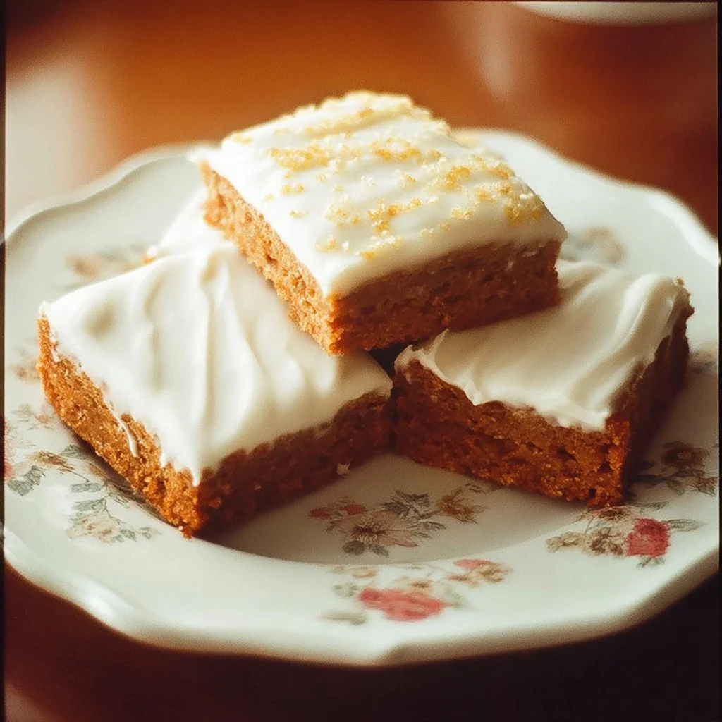 Pumpkin Bars with Cream Cheese Frosting 2 Delicious pumpkin bars topped with cream cheese frosting on a wooden table.