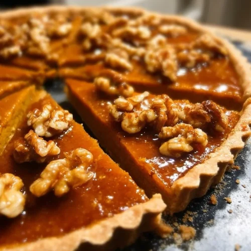 Pumpkin Caramel Tart topped with Candied Walnuts on a rustic wooden table