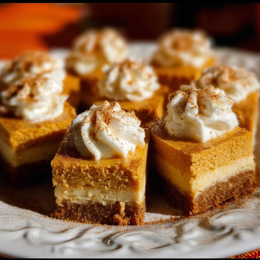 Pumpkin Cheesecake Bites (no-bake) 2 No-bake pumpkin cheesecake bites on a white plate topped with whipped cream.
