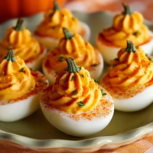 Pumpkin Patch Deviled Eggs 3 Festively styled Pumpkin Patch Deviled Eggs on a decorative plate