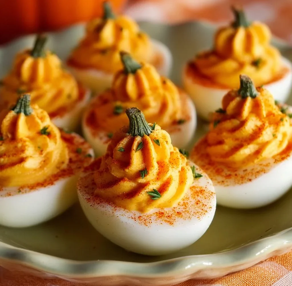 Pumpkin Patch Deviled Eggs 2 Festively styled Pumpkin Patch Deviled Eggs on a decorative plate