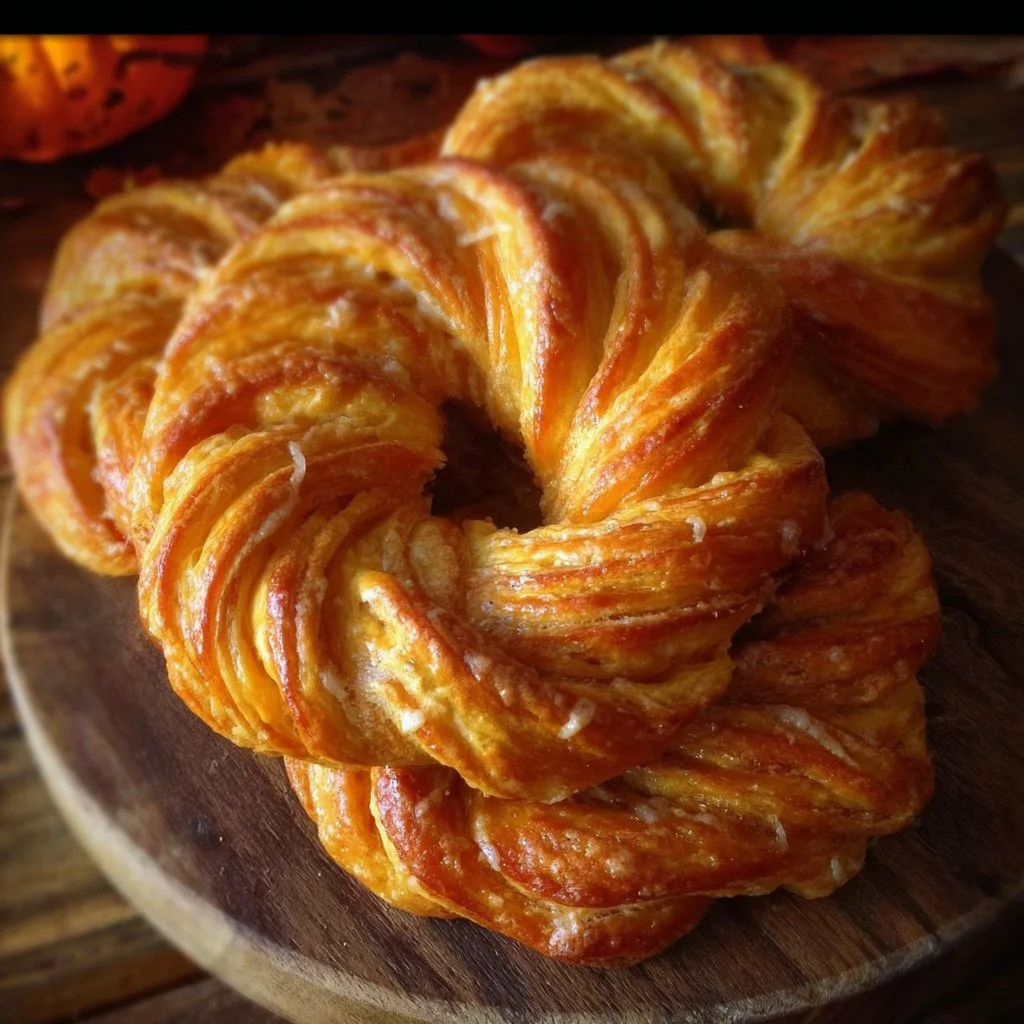 Pumpkin Twists 2 Homemade Pumpkin Twists drizzled with icing on a plate