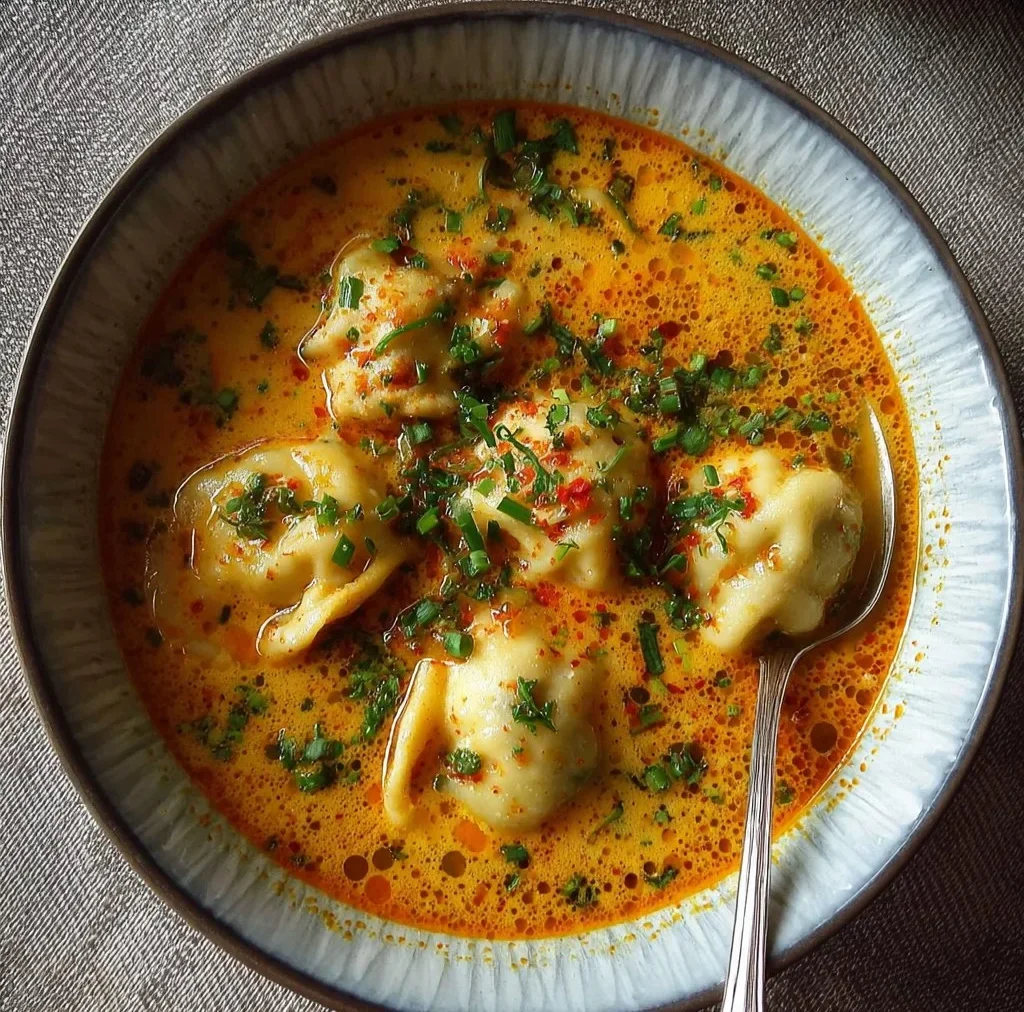 Bowl of quick coconut curry soup with dumplings, garnished with fresh herbs.