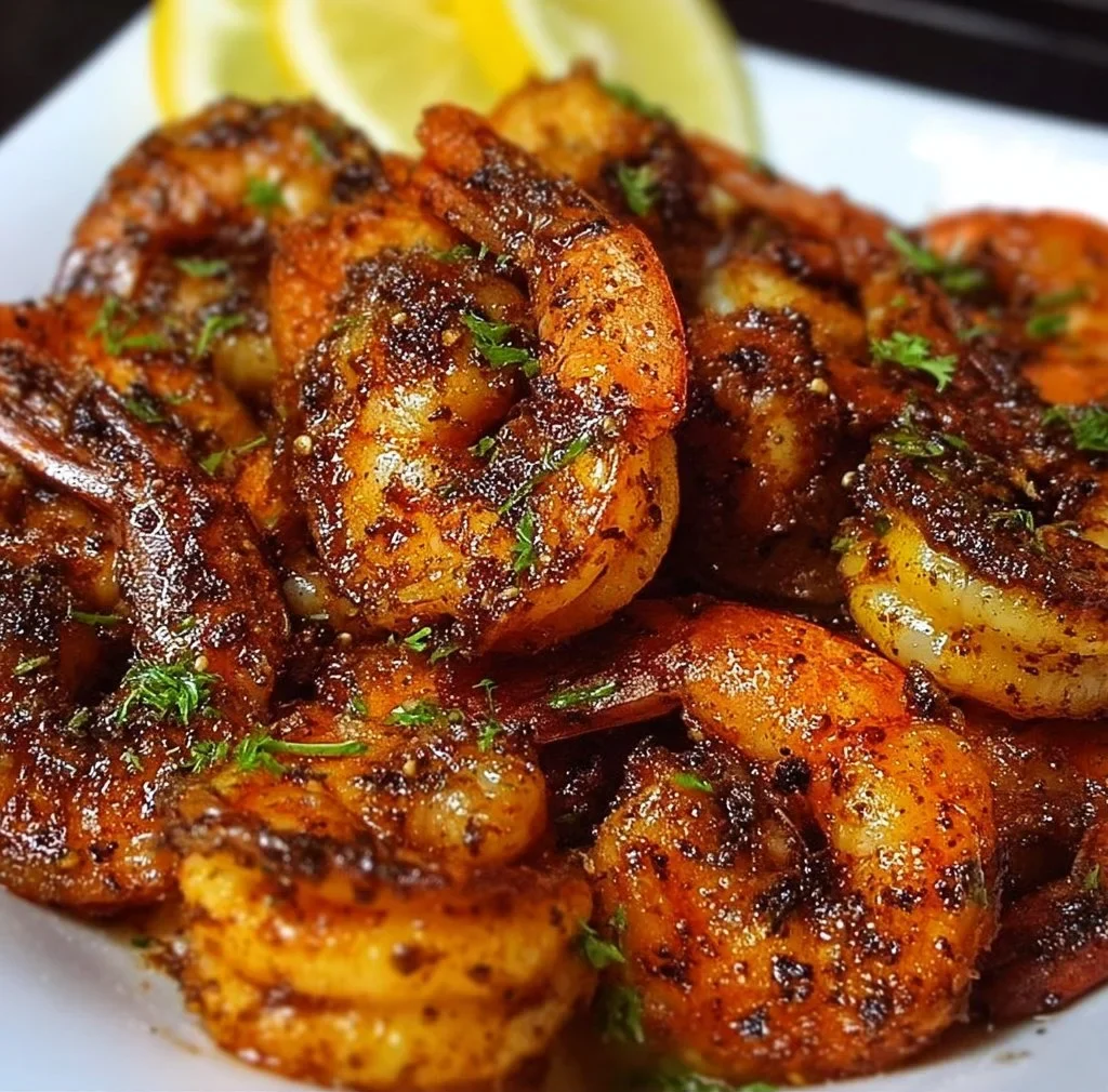 Quick & Easy Blackened Shrimp 2 Plate of quick and easy blackened shrimp with seasoning and herbs