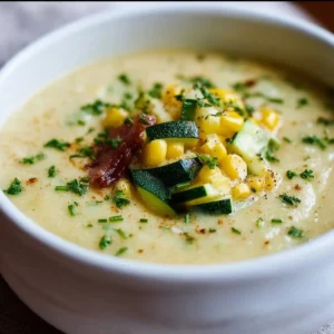 Quick Potato Corn Zucchini Soup 3 Bowl of quick Potato Corn Zucchini Soup garnished with fresh herbs