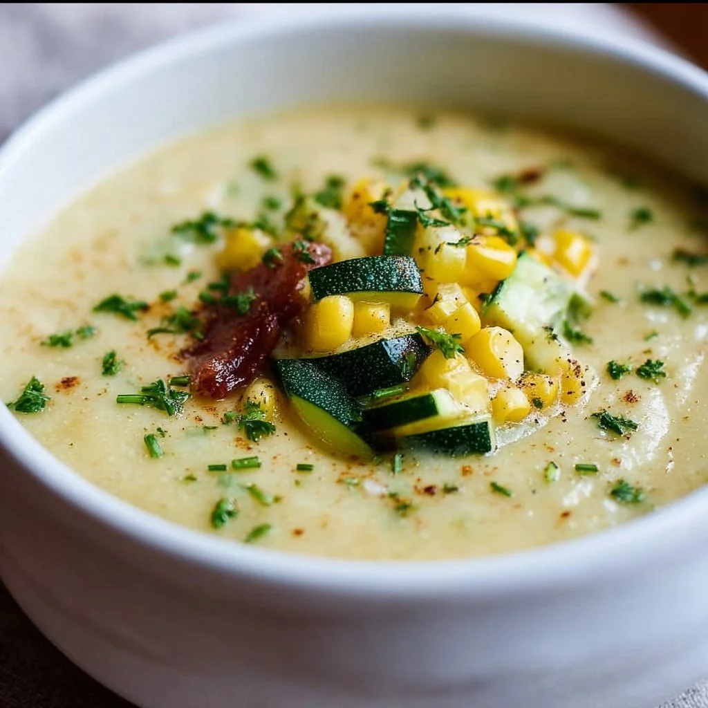 Quick Potato Corn Zucchini Soup 2 Bowl of quick Potato Corn Zucchini Soup garnished with fresh herbs