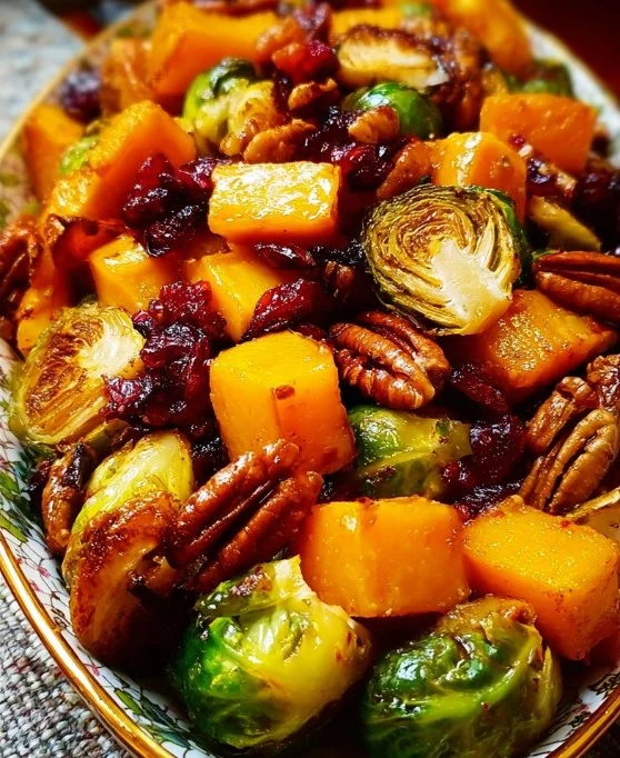 Roasted Butternut Squash and Brussels Sprouts with Pecans and Cranberries 1 Roasted butternut squash and Brussels sprouts with pecans and cranberries in a bowl