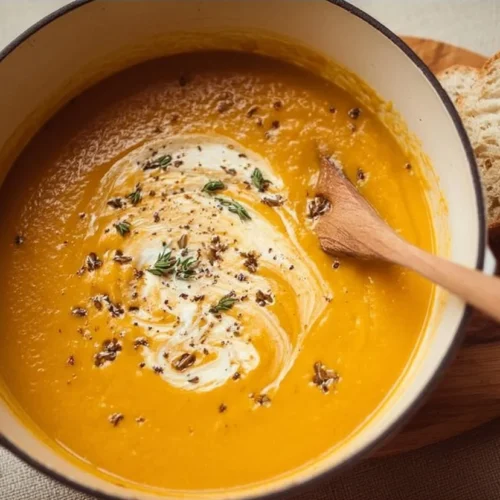 Bowl of creamy roasted butternut squash soup garnished with herbs