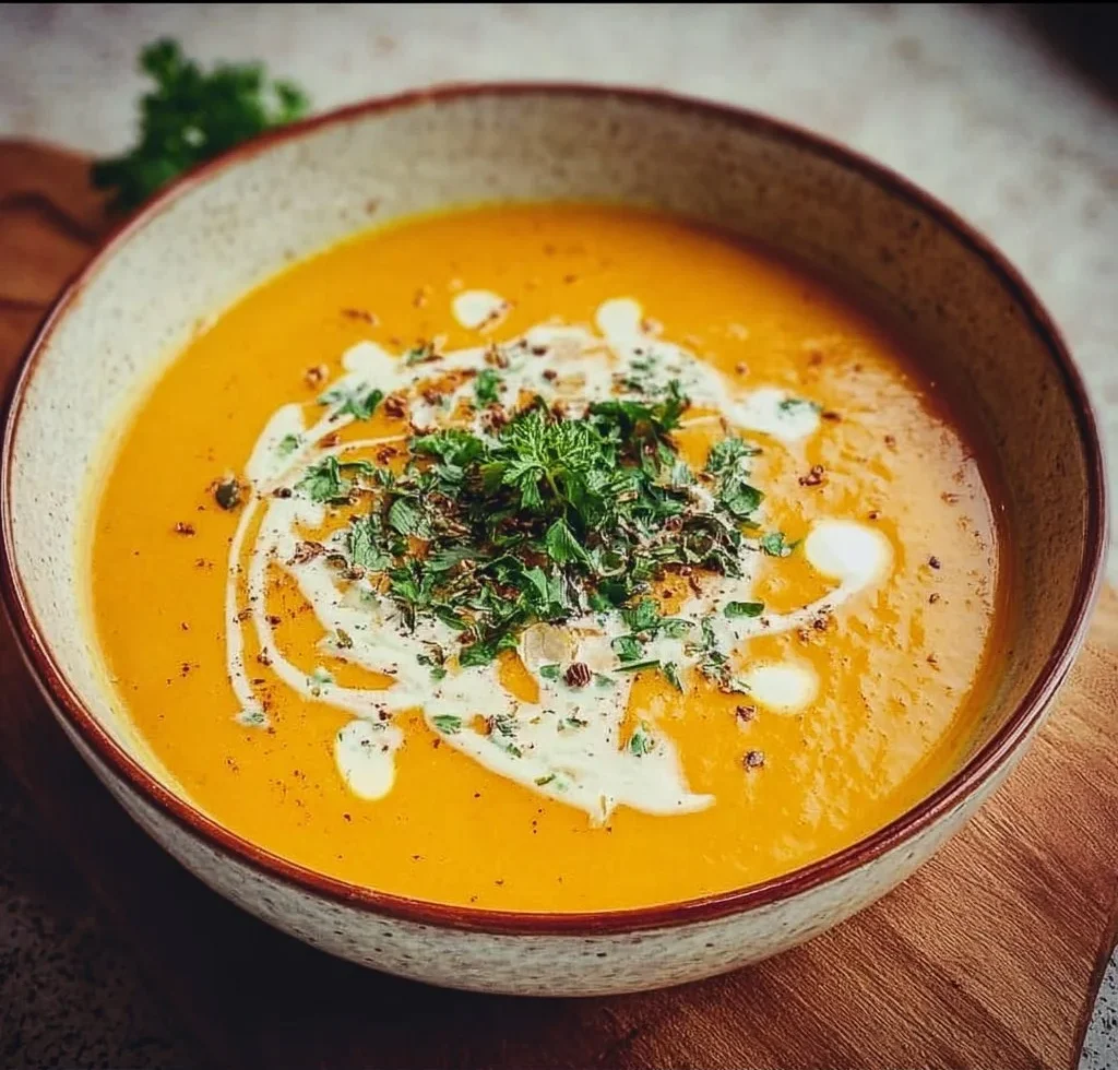 Roasted Pumpkin Soup 2 Bowl of roasted pumpkin soup garnished with herbs and cream