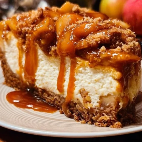 Salted Caramel Apple Pie Cheesecake 2 Salted Caramel Apple Pie Cheesecake topped with caramel drizzle and apple slices.