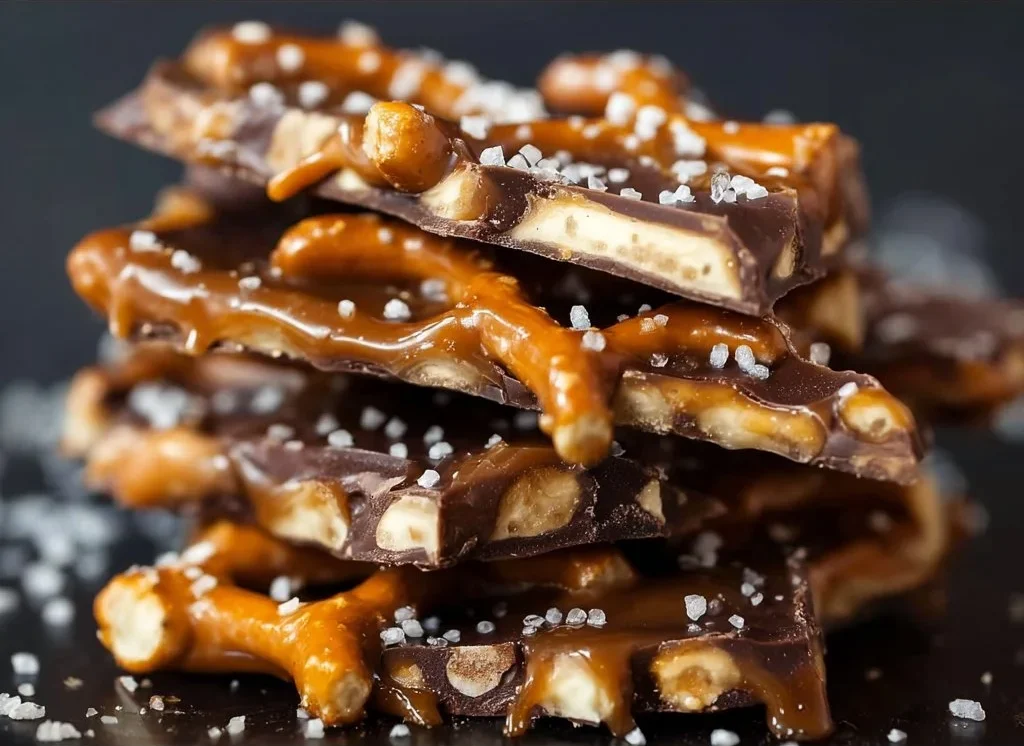 Salted caramel pretzel bark 2 Delicious salted caramel pretzel bark with crunchy pretzel pieces
