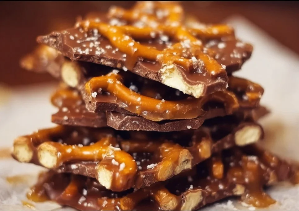 Delicious salted caramel pretzel bark with chocolate drizzle and sea salt.