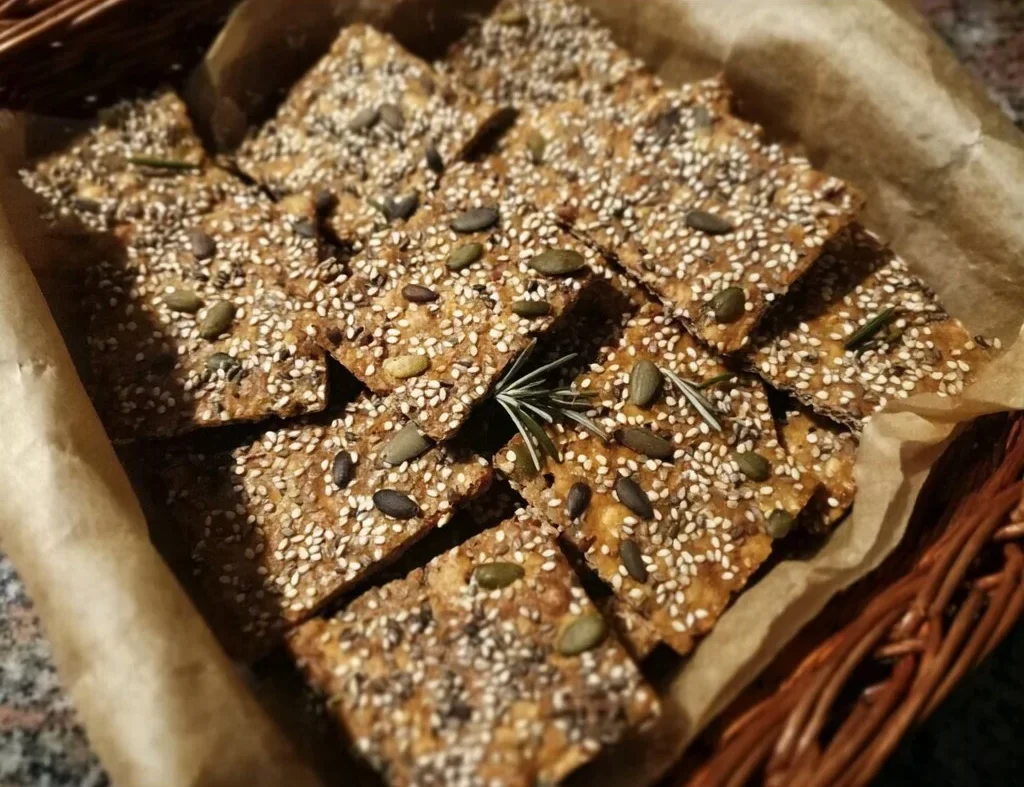 Homemade seeded crackers with rosemary on a wooden board