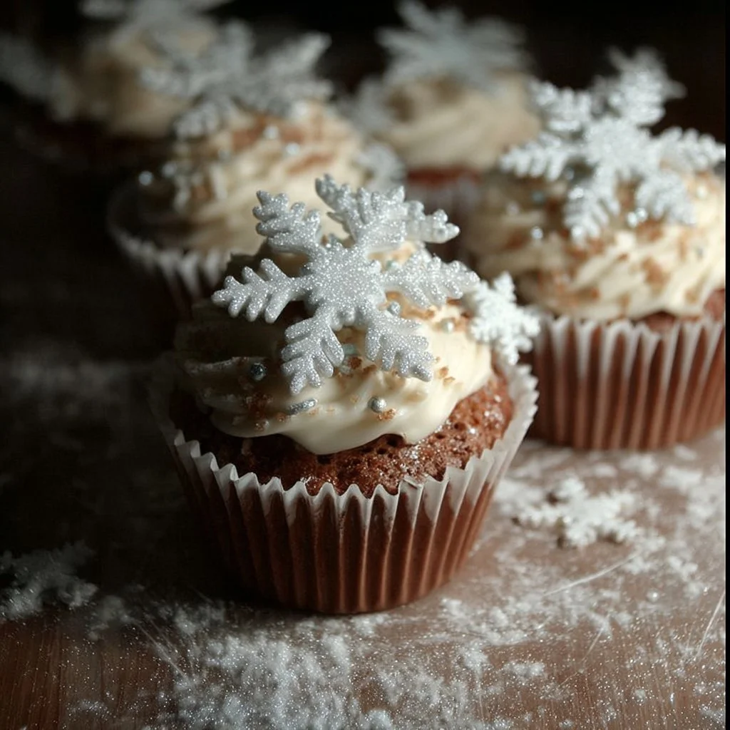 Snowflake Cupcakes 1 Delicious snowflake cupcakes decorated with icing and snowflake toppers.
