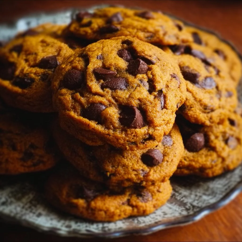 Soft & Gooey Pumpkin Chocolate Chip Cookies 2 Soft and gooey pumpkin chocolate chip cookies on a baking tray