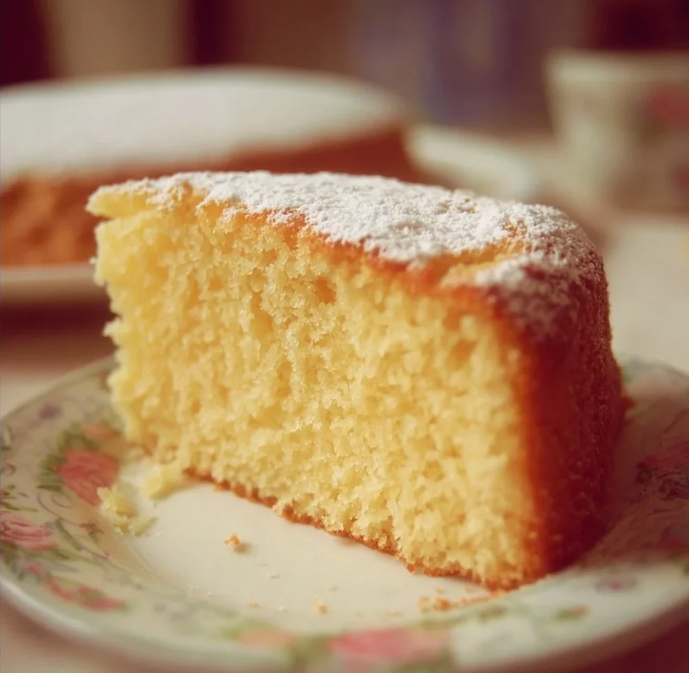 Soft vanilla cake with frosting and fresh strawberries on a plate