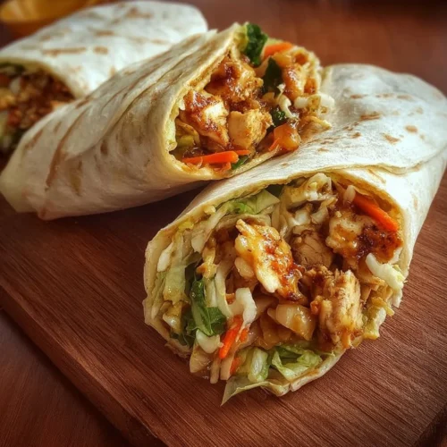 Spicy Chicken Wraps 3 Delicious spicy chicken wraps filled with fresh vegetables and zesty sauce.