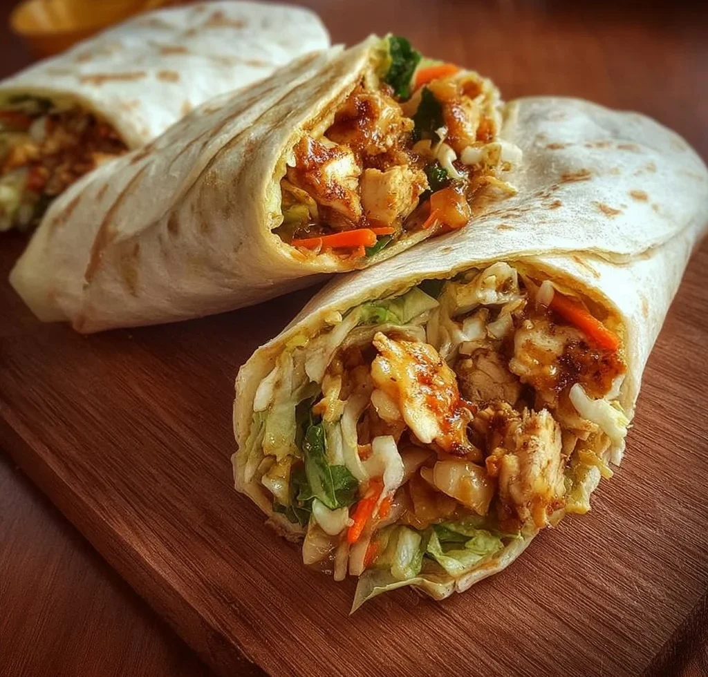 Spicy Chicken Wraps 2 Delicious spicy chicken wraps filled with fresh vegetables and zesty sauce.