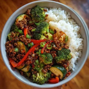 Spicy Ground Beef Stir-Fry Bowl with Garlic Veggies & Steamy Rice 3 Spicy ground beef stir-fry bowl with garlic vegetables and rice
