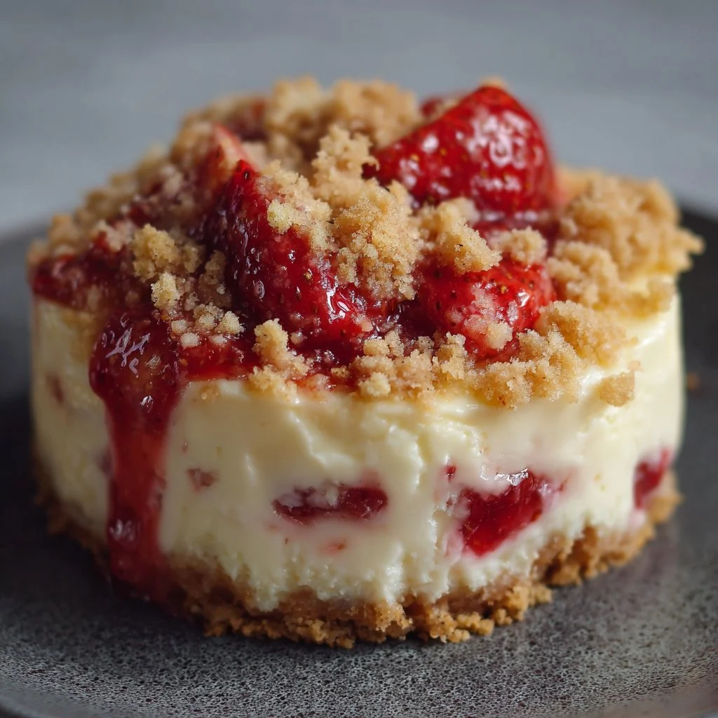 Strawberry Crumble Cheesecake 2 Delicious strawberry crumble cheesecake with a crunchy topping
