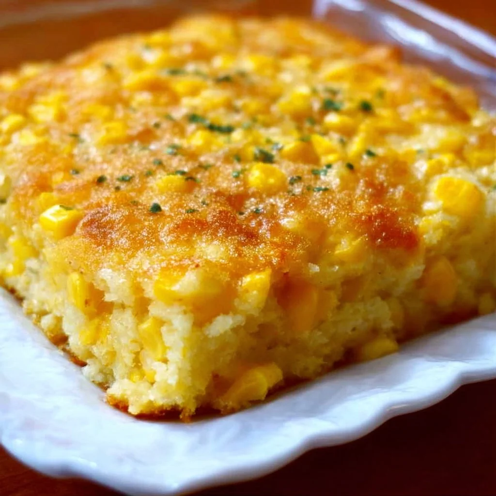 Delicious sweet corn casserole topped with golden brown crust