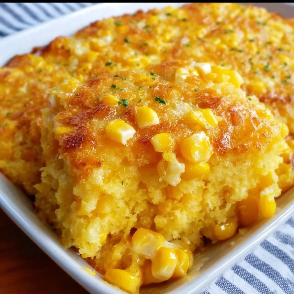 Deliciously baked sweet corn casserole dish ready for Thanksgiving dinner