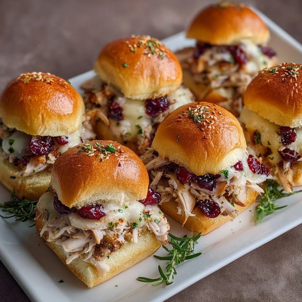 Thanksgiving Leftover Turkey Cranberry Sliders 2 Thanksgiving leftover turkey cranberry sliders garnished on a platter