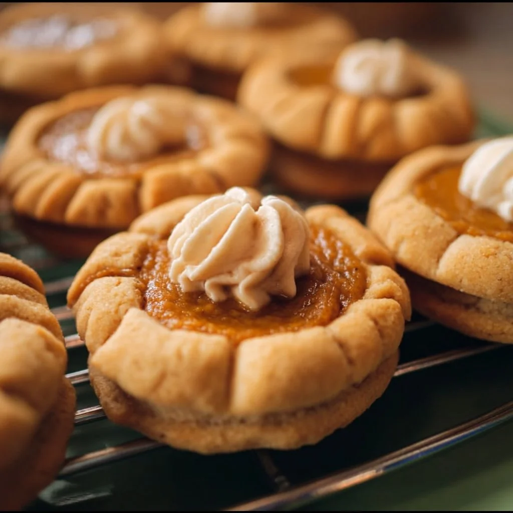 Thanksgiving Pumpkin Pie Cookies 2 Delicious Thanksgiving pumpkin pie cookies on a festive plate