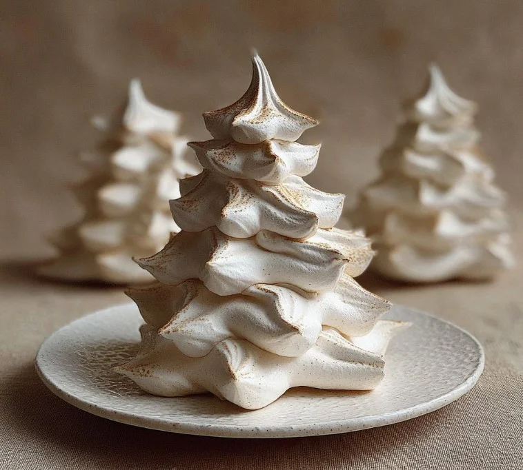 Tree Meringue Cookies 1 Festive tree-shaped meringue cookies decorated for the holidays