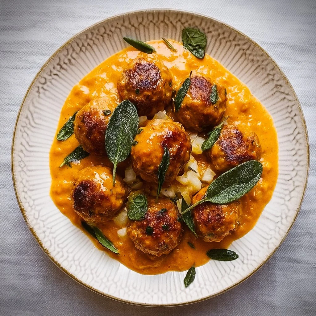 Turkey Meatballs in Pumpkin Sage Sauce 2 Turkey meatballs served in a creamy pumpkin sage sauce on a plate